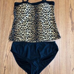 Leopard Print Tankini Top and Black Bottoms